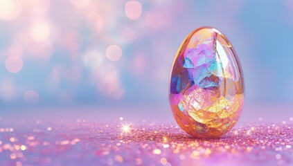 Shiny iridescent decorated Easter egg with a colorful bokeh background on a sparkly pink and purple surface. Perfect for Easter, spring, celebrations, and holidays.