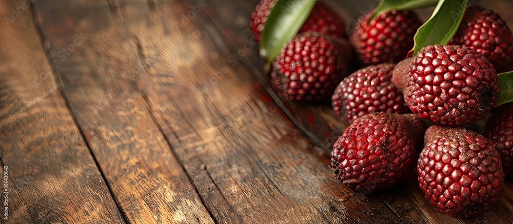Poster close up of fresh ripe salak fruits on a wooden table with copy space image available