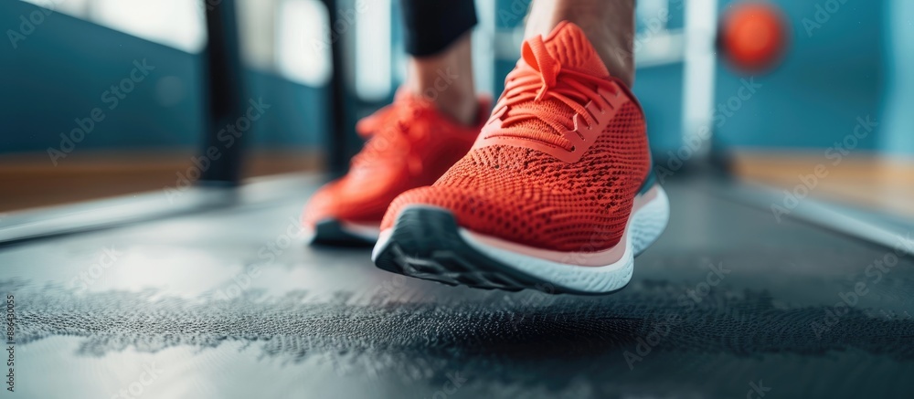 Poster close up image of a man indoors wearing training shoes with copy space image