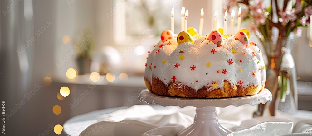 Poster A festive Easter cake with egg shaped candles is displayed on a stand on a white tablecloth The image is horizontally oriented with selective focus and offers copy space