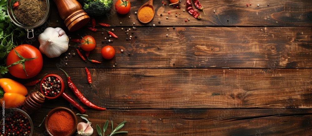 Poster Cooking products veggies and spices on a wooden plank with copy space image for text on a food background