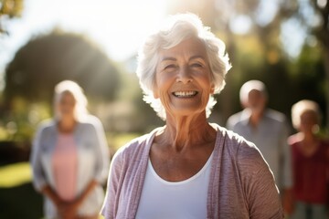 Portrait of a cheerful and active senior woman smiling outdoors with friends in the background. Retirement, active lifestyle, and happy aging concept.
