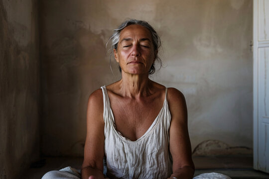 An elderly woman with closed eyes, wearing a loose, sleeveless outfit meditates peacefully in a serene, minimalistic room with a neutral background and natural light.