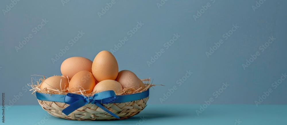 Aufkleber a blue bow adorned straw bowl filled with chicken eggs on a blue backdrop with copy space image