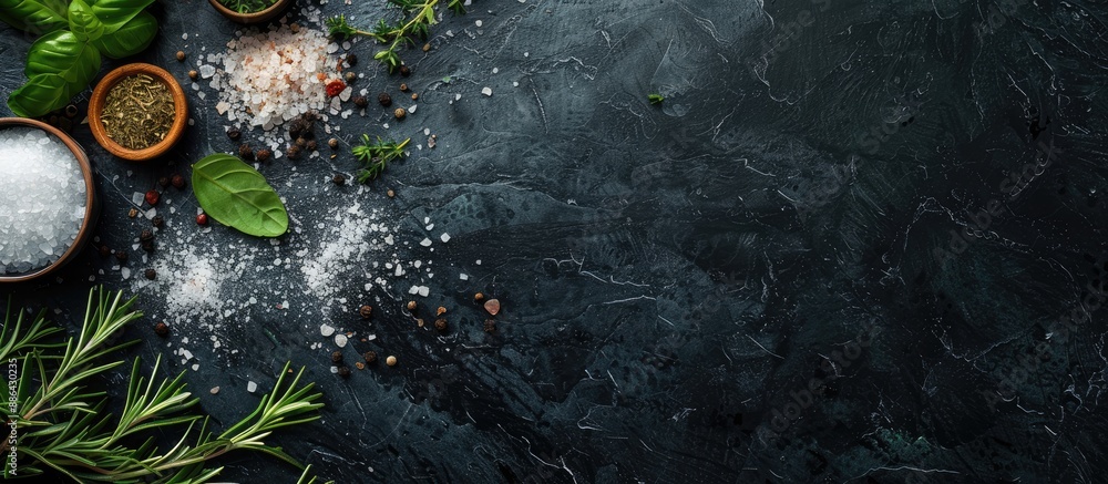 Leinwandbilder top view of a dark stone table with salt and herbs creating a food cooking background perfect for a 