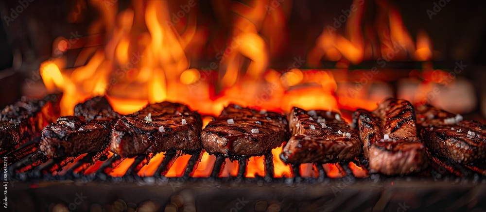 Poster A fire with open flames is roaring in the grill creating the perfect setup for searing meat with a copy space image available
