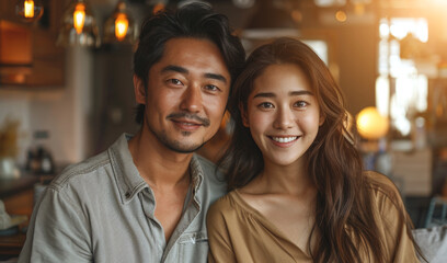 A man and a woman are smiling at the camera while sitting in a cafe.