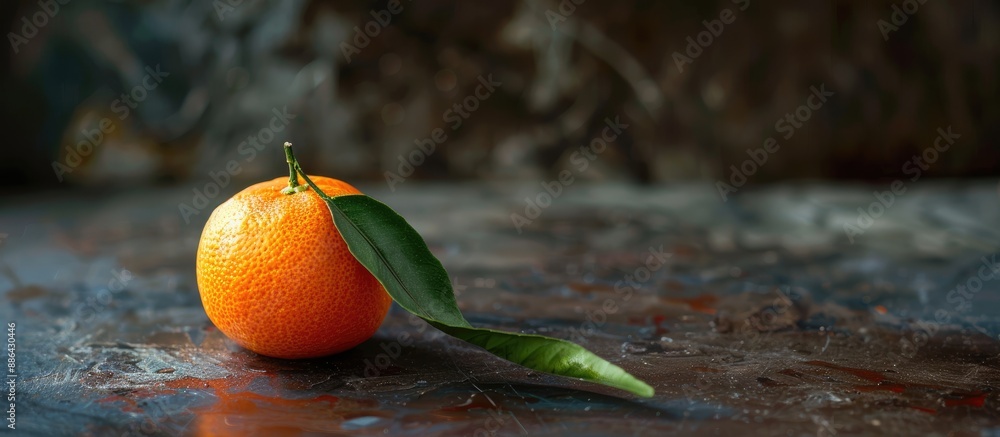 Leinwandbilder a single ripe tangerine with a leaf on a dark backdrop providing copy space image