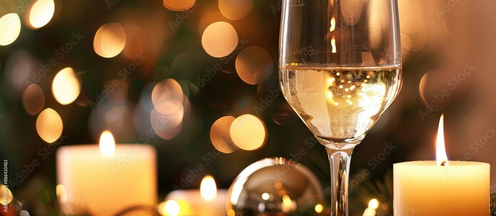 Poster A festive scene featuring a crystal wine glass with white wine a flickering candle and a Christmas tree in the background perfect for a copy space image