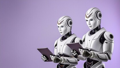 Fototapeta premium 未来のオフィスワーカー：タブレットを操作する洗練されたAIロボットアシスタント