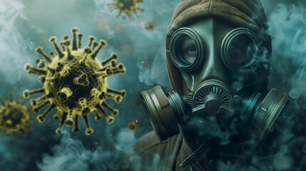 Person wearing gas mask with virus bacteria floating in air concept of viral pandemic concept