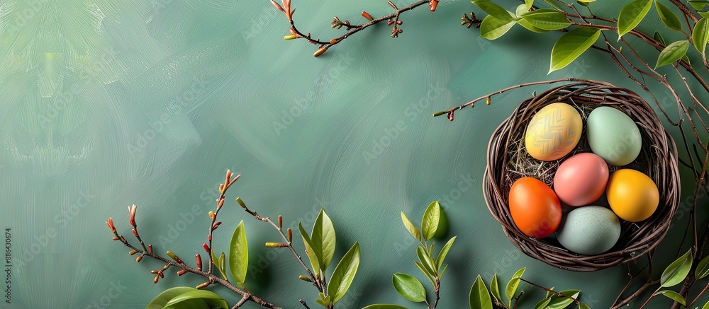 Fototapete an easter themed image featuring a slate plate with eggs in a basket set against a vibrant backgroun