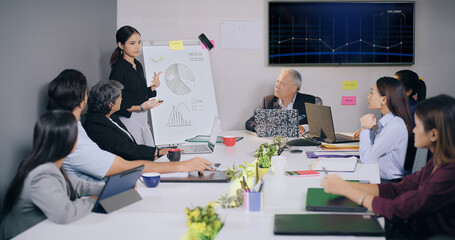 Indian Asian man expert woman lady team leader show growth chart ideas talk global index young adult girl male group use TV screen board share graph data learn stock trade plan job office work place