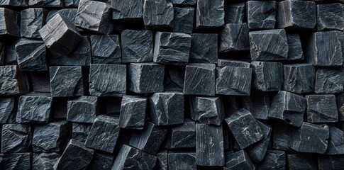 Close-up view of black charcoal cubes in a pile