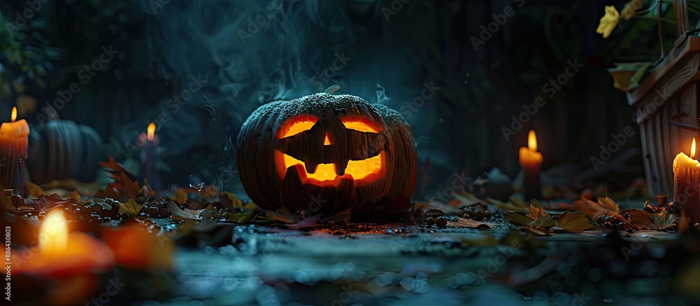 Poster a pumpkin with carved features lit by candles in darkness serves as a halloween symbol in this copy 