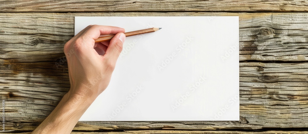 Poster A person writing with a pencil on blank paper placed on a wooden surface with space for text or images in the frame. with copy space image. Place for adding text or design