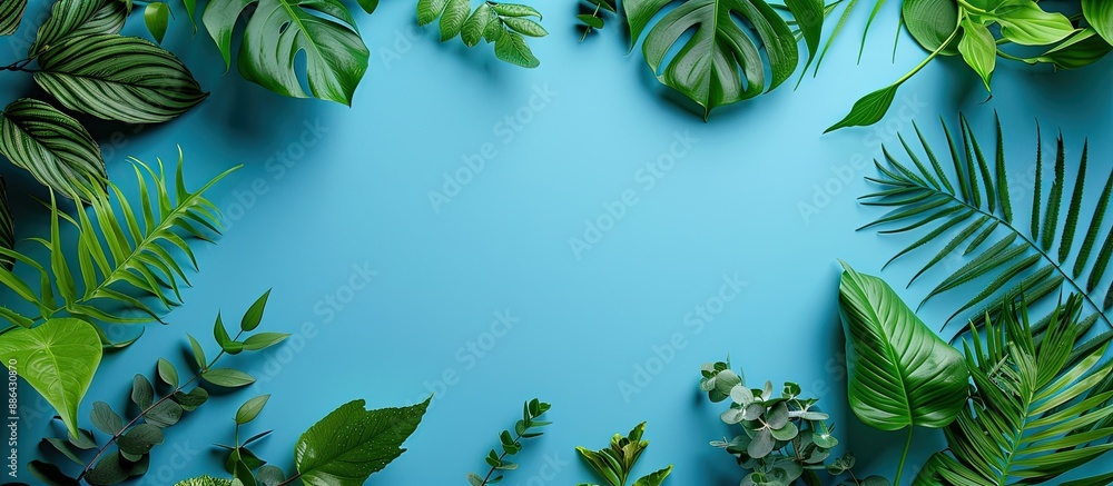 Aufkleber spring themed creative frame featuring various types of green leaves set against a blue backdrop wit