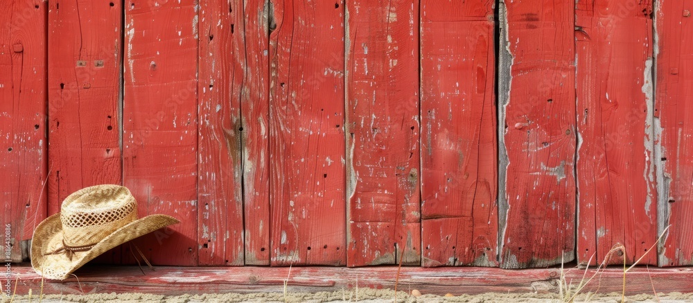 Poster aged straw cowboy hat resting against a weathered red barn wall with space for images. with copy spa