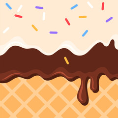 Layers of chocolate and vanilla ice cream with candy flow over waffle background vector illustration