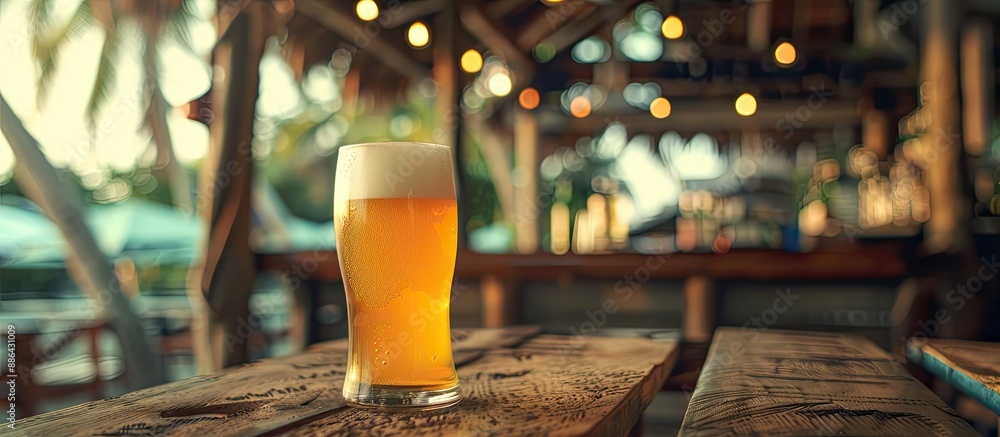 Poster a refreshing craft beer placed on a tropical bar s wooden table with copy space image available