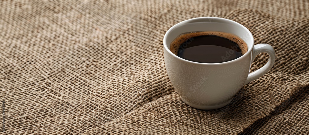 Aufkleber coffee cup displayed on a burlap background with copy space image