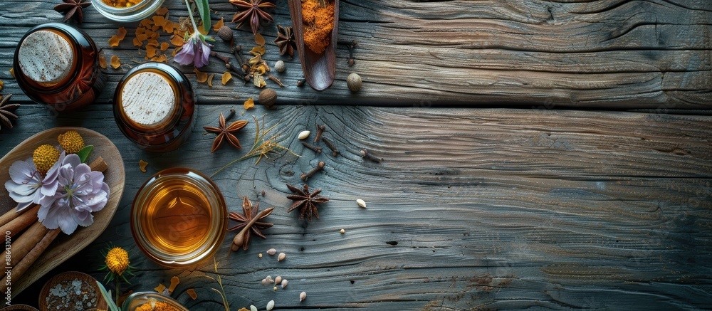 Aufkleber arranged ingredients and spices for aromatherapy and body care on a wooden surface in a spa themed s