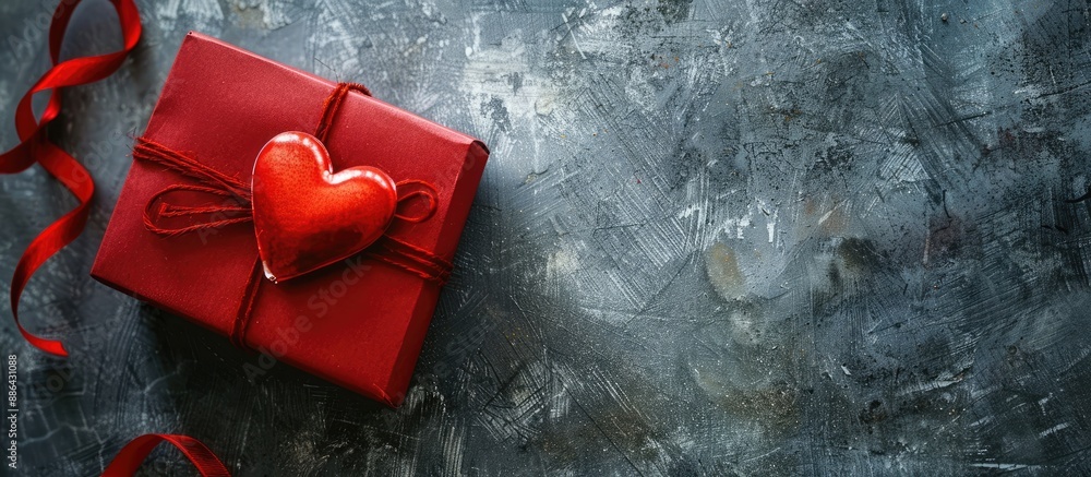Aufkleber valentine s day greeting card featuring a red gift box with a heart on a gray background and copy sp