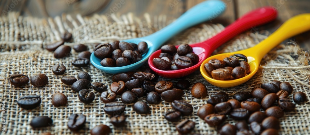 Aufkleber low angle view of dark roasted coffee beans on burlap with colorful kitchen spoons creating a vivid 