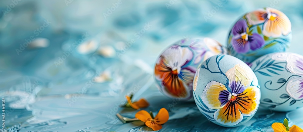 Aufkleber a close up image of hand painted easter eggs featuring a pansy flower against a vibrant blue backdro