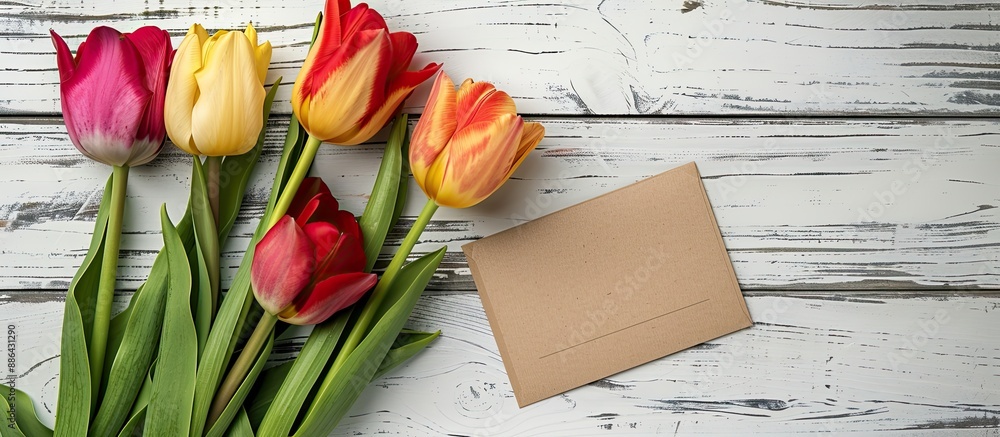 Poster Top down view of a vibrant tulip arrangement next to a empty card on a clean white wooden surface ideal for a copy space image
