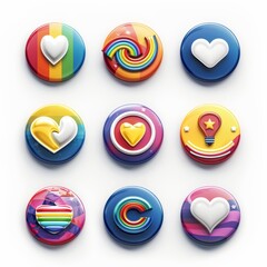 A collection of colorful buttons with rainbow hearts and stars. The buttons are arranged in a grid, with some of them having a star and others having a heart. Scene is cheerful and colorful