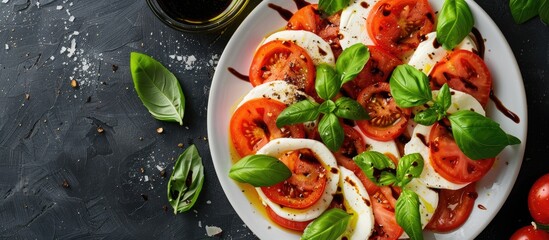 Top view of Italian caprese salad featuring sliced tomatoes mozzarella cheese basil olive oil and balsamic vinegar with copy space image available - Powered by Adobe