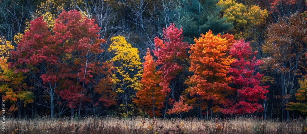 Poster Vibrant fall foliage captured in a forest setting with an inviting copy space image