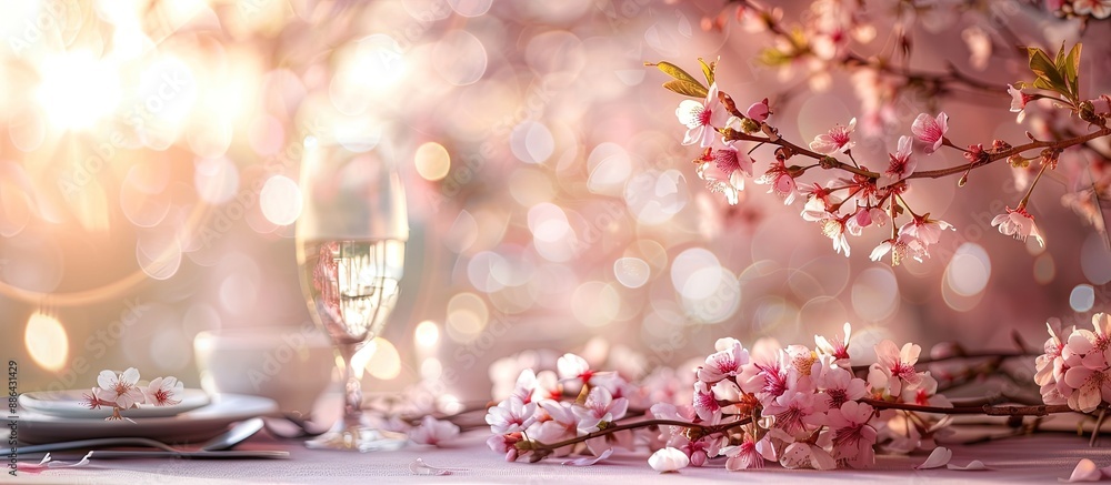 Aufkleber cherry blossoms create a dreamy romantic landscape panorama on a spring themed table setting with a 