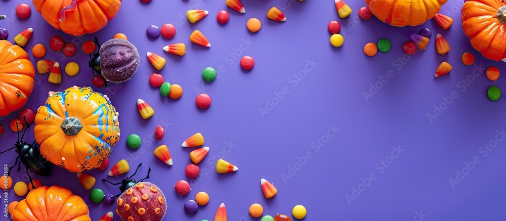 Poster a halloween themed composition featuring candy bugs and pumpkins displayed on a vibrant purple backg
