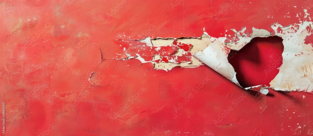 Aufkleber damaged paper with a torn hole featuring a red backdrop in a badly exposed copy space image