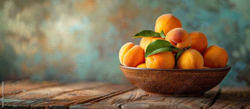 Poster apricots displayed in a bowl against a blurred backdrop with ample copy space image