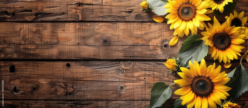Poster flat lay composition of stunning sunflowers on a rustic wooden backdrop with copy space image availa
