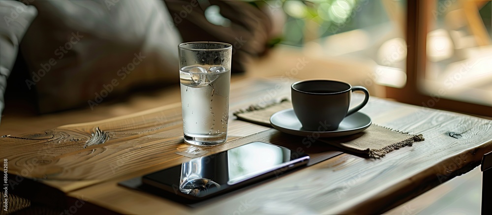 Poster coffee concept a serene scene with black coffee a glass of water and a mobile phone resting on a tab