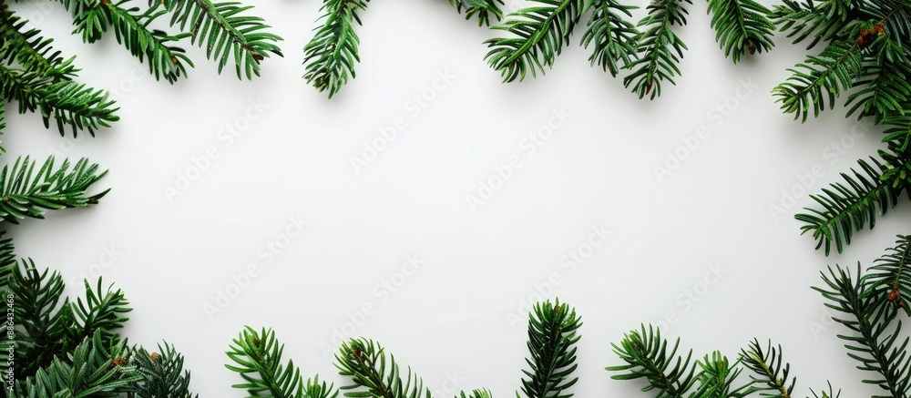 Aufkleber Top view of green fir branches creating a Christmas background on a white backdrop with a frame and copy space image