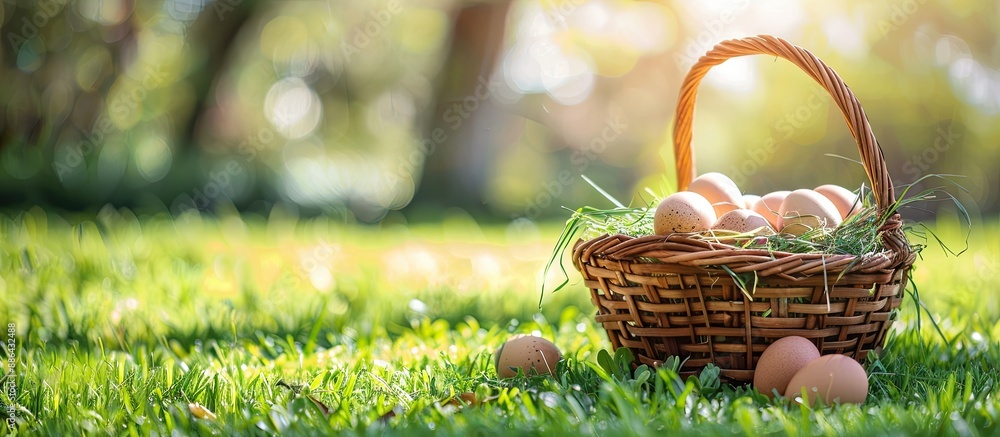 Aufkleber wooden basket filled with eggs rests on lush green grass providing ample copy space for text in the 