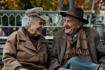 Fototapeta premium An elderly couple sitting together on a park bench, sharing stories and laughter, Elderly individuals sharing stories and laughter on a bench