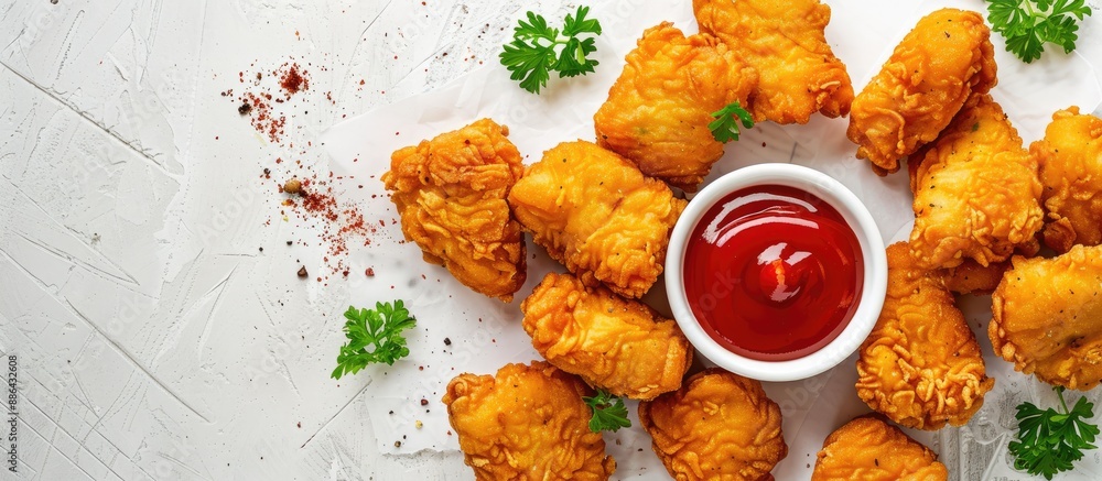 Poster Top down image of chicken nuggets with ketchup on a white table including copy space