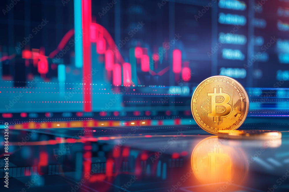Aufkleber conceptual image of bitcoin cryptocurrency trading and investment - shiny gold bitcoin coin on digit
