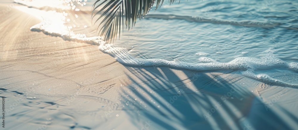 Poster abstract beach background with a palm leaf shadow on white sand sunlight reflecting on the water sur