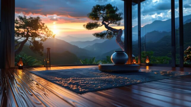 Peaceful mindfulness retreat overlooking a mountainous landscape, a sanctuary for mental health and reflection