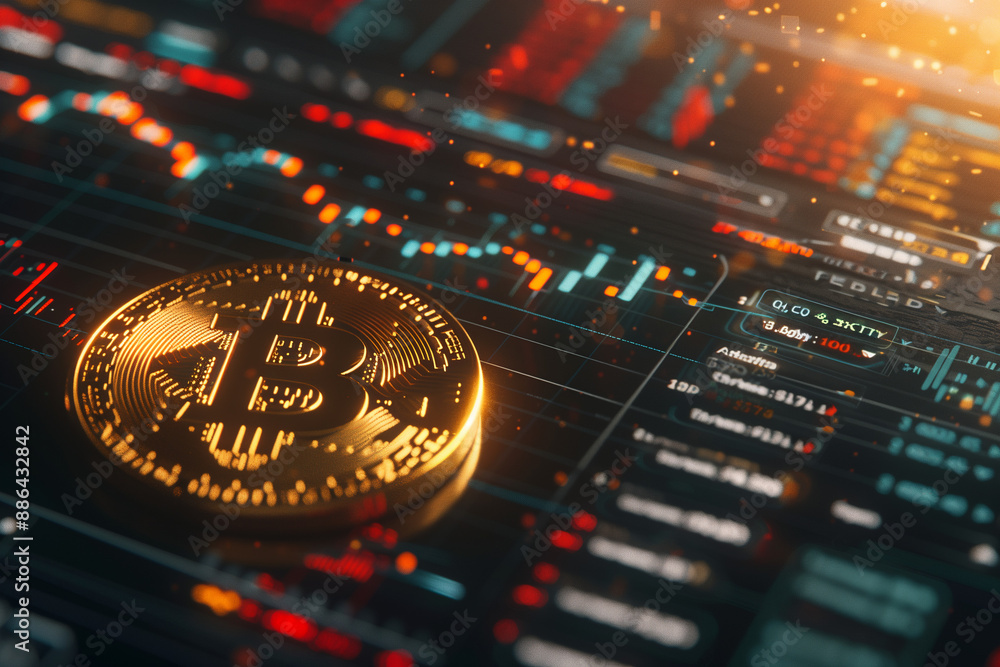 Aufkleber concept of investing in bitcoin cryptocurrency - gold bitcoin coin on digital trading platform with 
