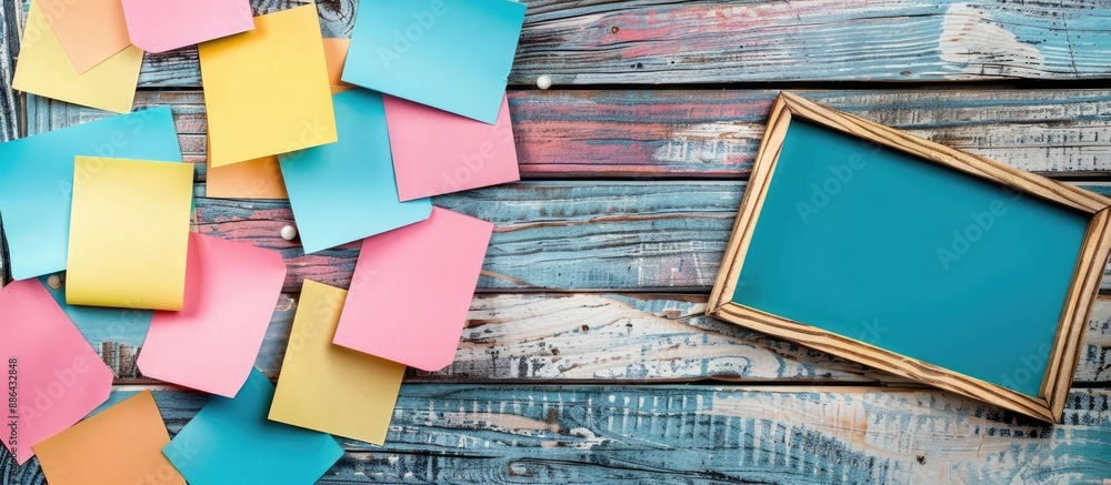 Poster Wooden surface with empty notes and a photo frame ideal for a copy space image