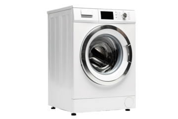 A Gleaming White Washing Machine Ready for Laundry Day on a White or Clear Surface PNG Transparent Background