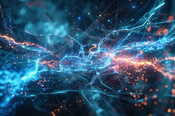 Electric currents pulsing in a digital realm create a striking contrast of vibrant blue and orange light, Electric currents pulsing through a digital realm